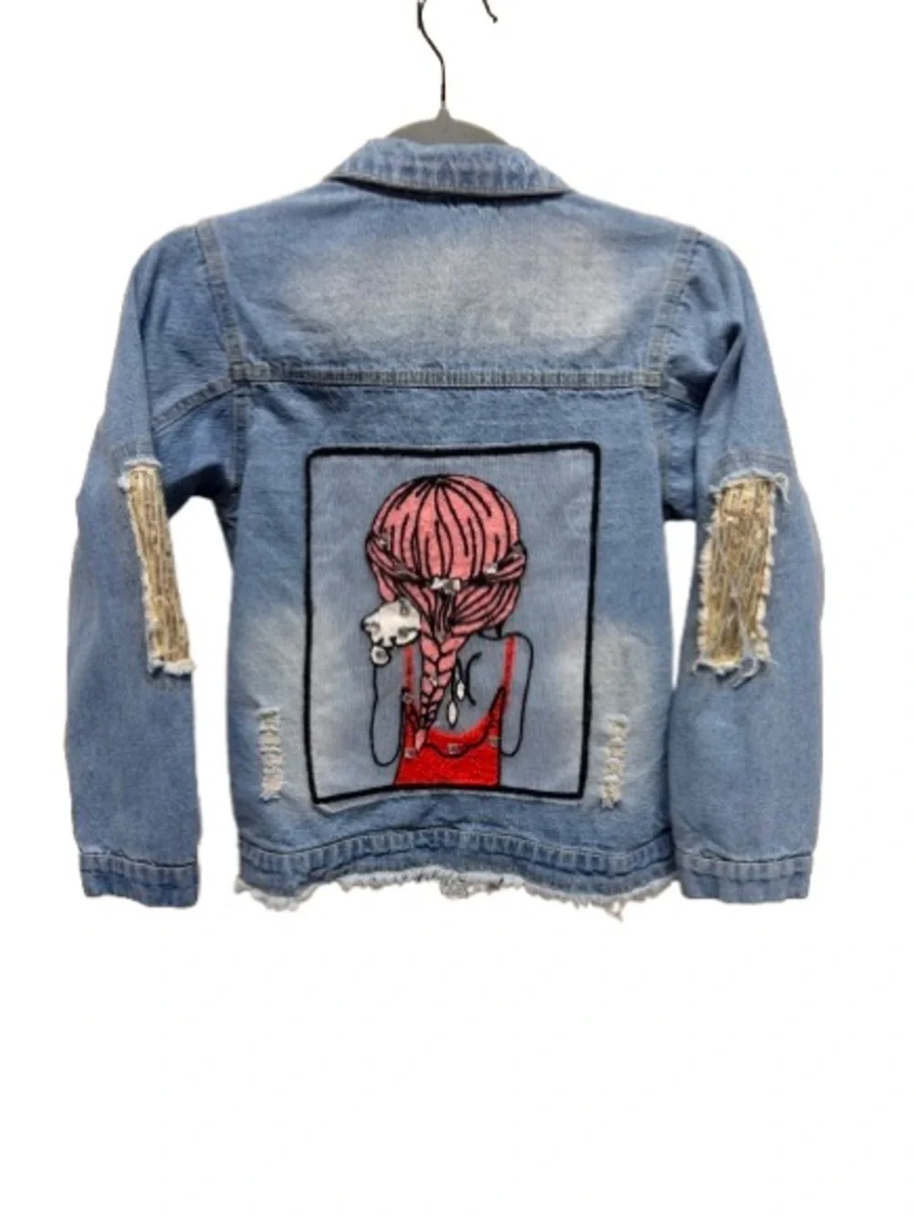Girls Distressed Denim Jacket Size 140 Size 9-10 Embroidered Graphic Sequin Boho